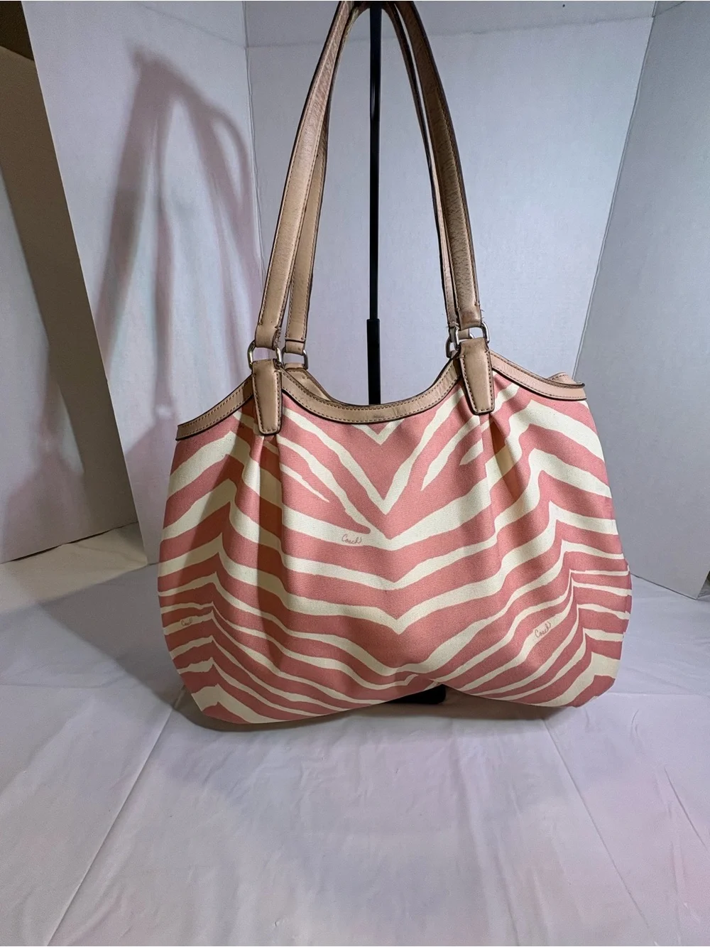 Coach Pink and Cream Zebra-Stripe Canvas Tote